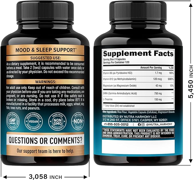 GABA L-Theanine 900 mg - Made in USA - Magnesium | Vitamin B6 - Calm, Sleep, Relaxation & Mood Support - 750 mg Gamma AminoButyric Acid, 150 mg L-Theanine - Non-Habit Forming, Vegan - 240 Capsules