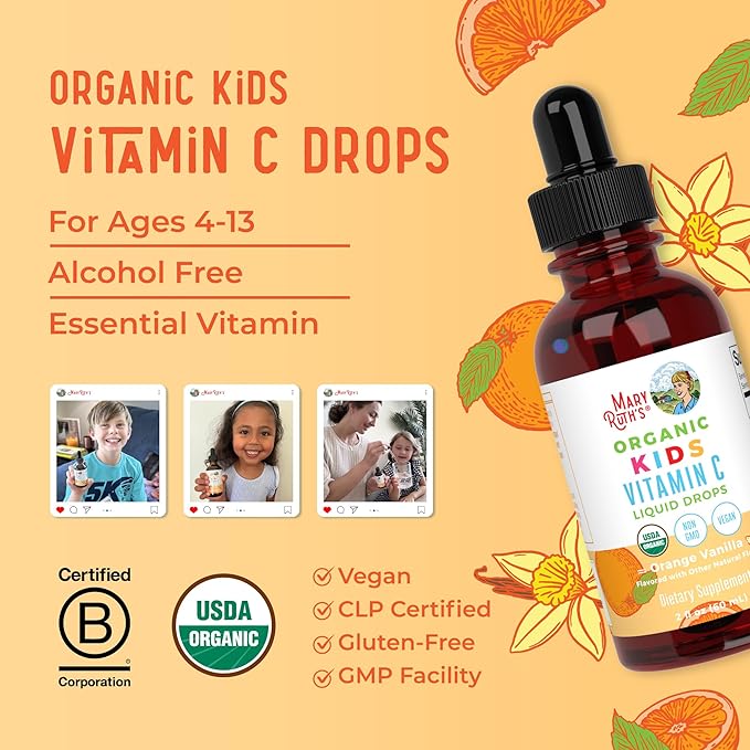 MARYRUTH'S Kids Vitamin C Drops | Vegan Immune Support Supplement for Ages 4-13 | Immune Support & Overall Health | Vitamin C from Organic Acerola Fruit Extract | 2oz