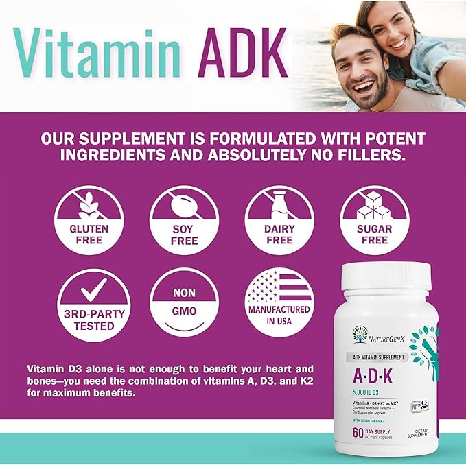 ADK Vitamin Supplement – Vitamins A, D3 & K2 MK-7 for Bone Health & Calcium Absorption – Gluten-Free, Non-GMO, Soy-Free – 120 Capsules, 2-Pack (4-Month Supply)