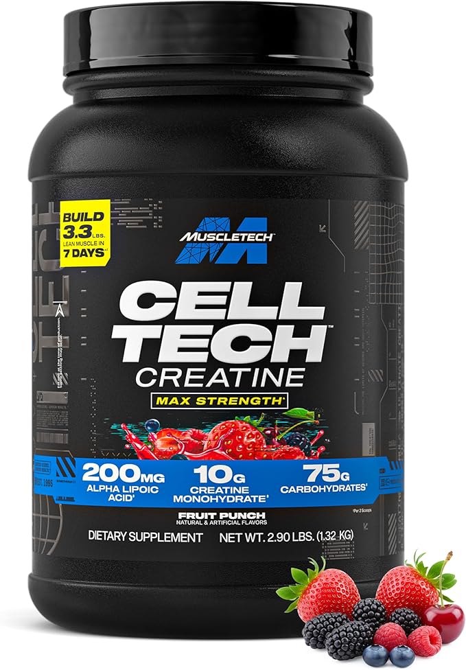 MuscleTech Creatine Monohydrate Powder Cell-Tech Creatine Post Workout Recovery Drink Muscle Builder For Men & Women Muscle Building Supplements Fruit Punch, 2.90 lbs (27 Serv)