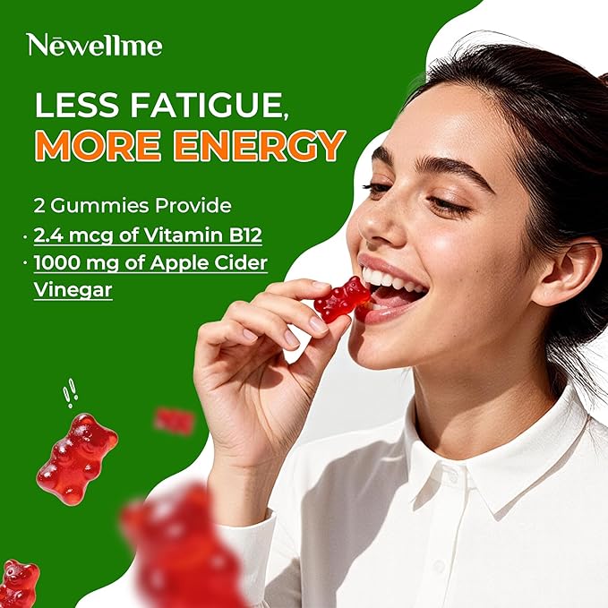 NEWELLME ACV Gummies with the Mother & B12 – Sugar-Free, Great-Tasting Vegan Gummies for Digestion, Metabolism & Daily Energy Support, 180 Count
