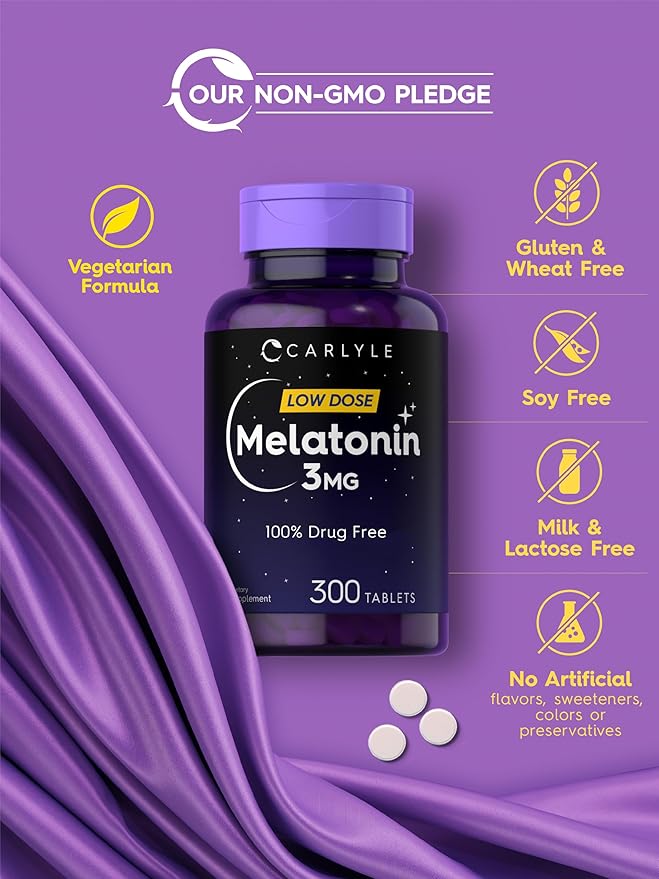 Carlyle Melatonin 3mg Tablets | 300 Count | Low Dose and Drug Free | Vegetarian, Non-GMO, Gluten Free Supplement