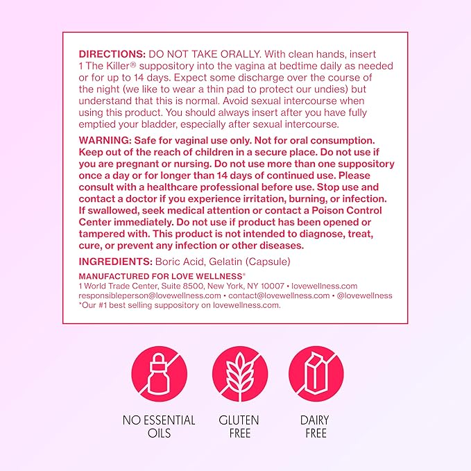 Love Wellness The Killer | Boric Acid Vaginal Suppositories | Balances pH & Supports Odor Control, a Healthy Vaginal Balance and Environment | Fast-Acting & Fragrance-Free | Gentle & Effective | 14 Ct