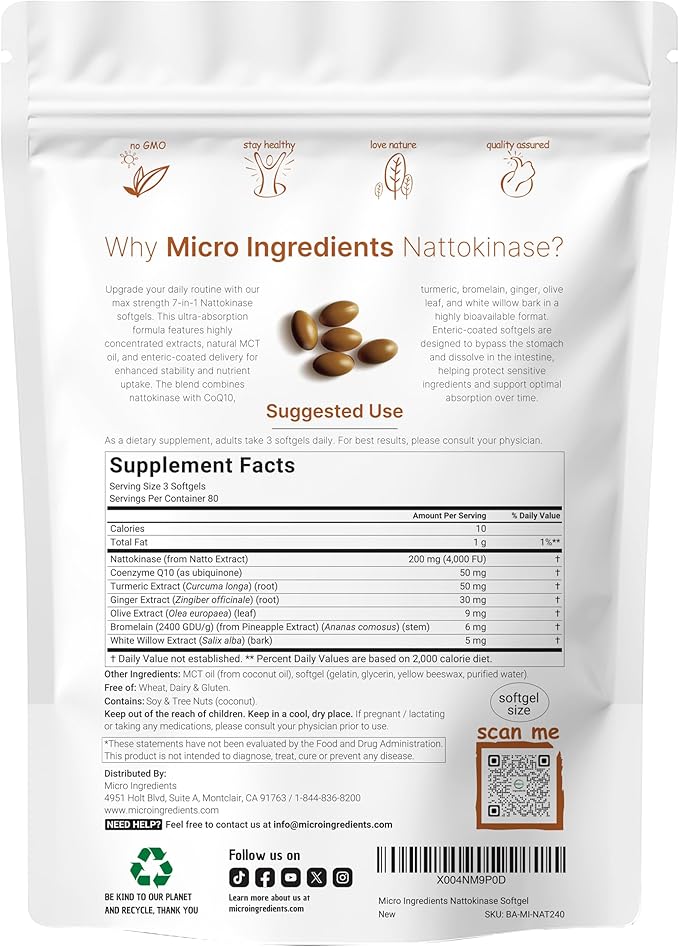Micro Ingredients Nattokinase 240 Softgels, 200mg (4,000 FU) Per Serving | 7-in-1 Ultra Absorption Cardiovascular Supplement with CoQ10, Bromelain, Turmeric, Ginger, Olive Leaf, & White Willow Bark