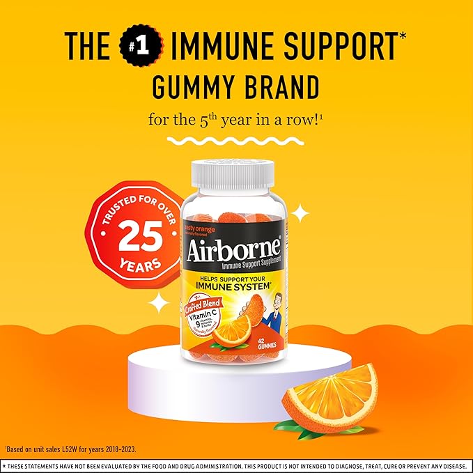 Airborne 750mg Vitamin C Gummies for Adults, Immune Support Supplement with Powerful Antioxidants Vitamins C & E - 42 Gummies, Zesty Orange Flavor (2 Pack)