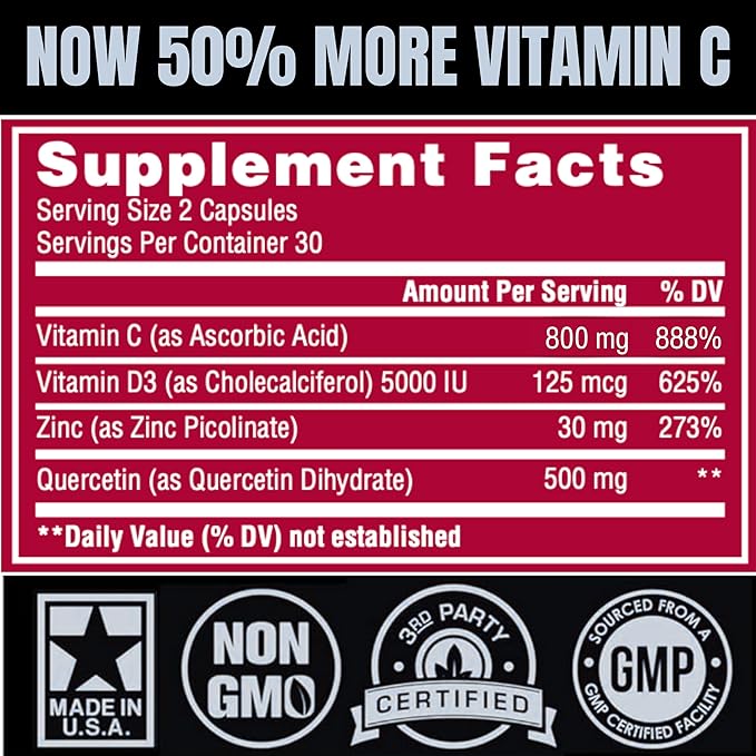 Zinc Quercetin Vitamin C 800 mg with Vitamin D3 Antioxidant Immune Support High Potency Quercetin Zinc Supplement for Men and Women - Gluten, Soy, & Dairy Free - 60 Count (Pack of 1)