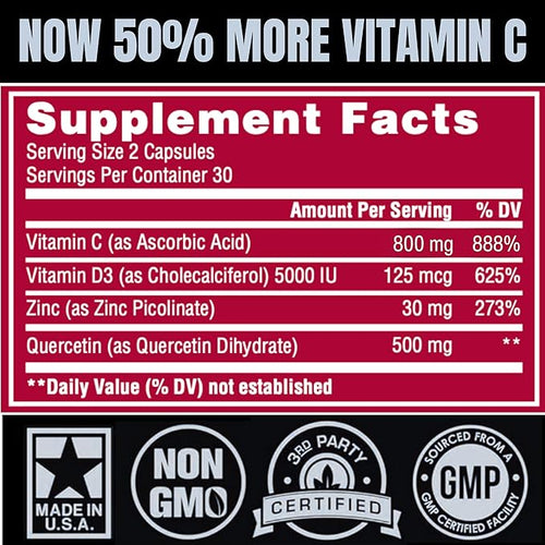 (2 Pack) Zinc Quercetin Vitamin C 800 mg with Vitamin D3 Antioxidant Immune Support High Potency Quercetin Zinc Supplement for Men and Women - Gluten, Soy, & Dairy Free - 120 Count (Twin Pack)
