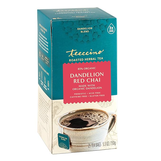 Teeccino Dandelion Red Chai Tea - 25 Tea Bags - Caffeine-Free, Roasted Herbal Tea with Prebiotics, 3x More Herbs than Regular Tea Bags, Gluten Free
