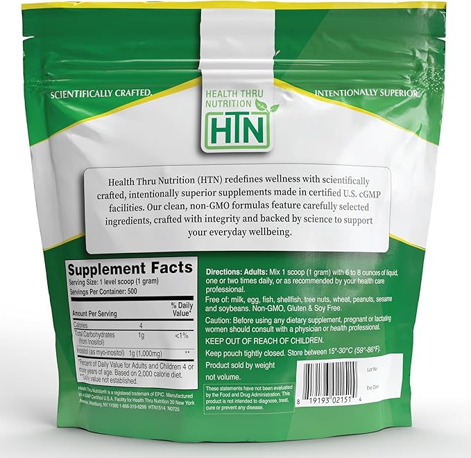 Health Thru Nutrition Inositol Powder – 500g Pure Powder as Myo-Inositol | 1,000mg (1g) Per Scoop - Included | Unflavored, Vegan, Non-GMO | 500 Servings – Clean Supplement