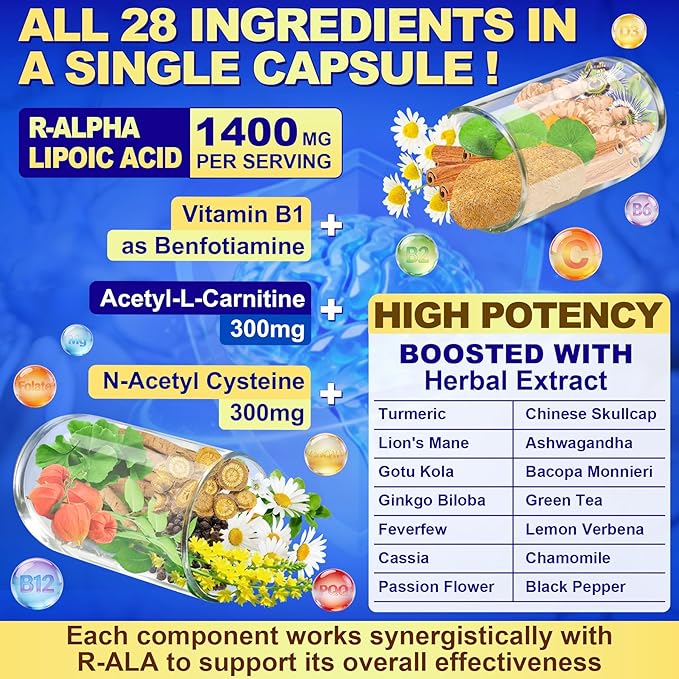 1400MG R Alpha Lipoic Acid, 28-in-1 Stabilized ALA Supplements, Neuropathy Supplements with L-Carnitine, NAC & B-Complex, R-ALA Supplement Antioxidant for Nerve, Brain, Energy丨Vegan, 120 Capsules