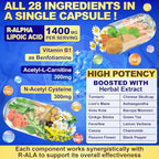 1400MG R Alpha Lipoic Acid, 28-in-1 Stabilized ALA Supplements, Neuropathy Supplements with L-Carnitine, NAC & B-Complex, R-ALA Supplement Antioxidant for Nerve, Brain, Energy丨Vegan, 240 Capsules