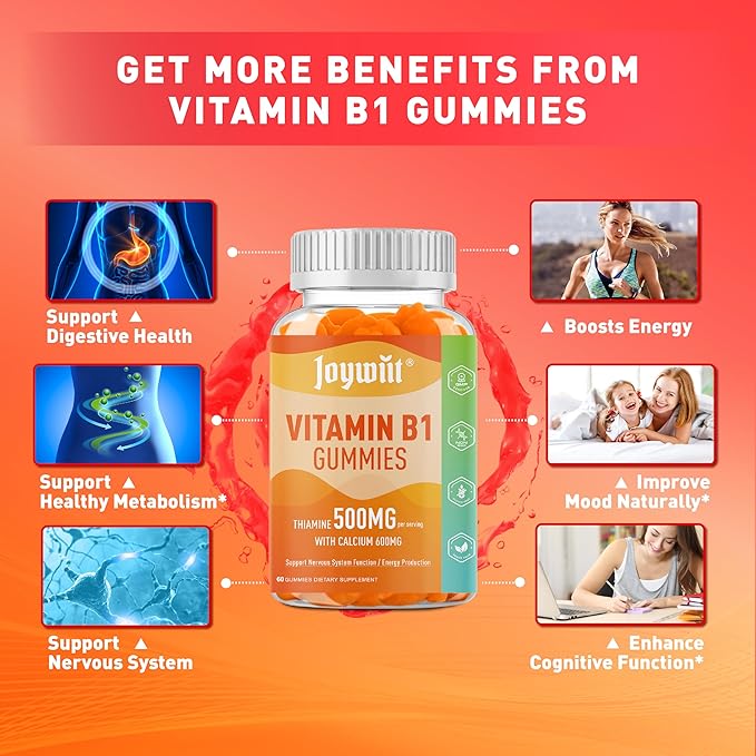 Vitamin B1 Gummies 500mg, Thiamine B1 Supplement for Adults, with 600mg Calcium Citrate, Support Nervous System, Vegan, Chewable Natural Orange Flavor