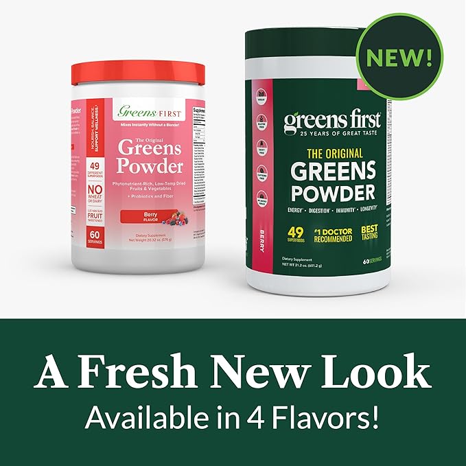 Greens First Original Greens Powder - 49 Superfoods - Organic Fruits & Veggies - Prebiotics, Probiotics & Digestive Enzymes - Antioxidant Smoothie - Dairy Free, Vegan & Non-GMO - Berry - 60 Servings