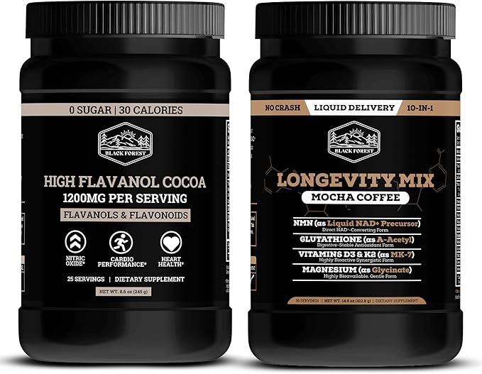 Black Forest High Flavanol Cocoa Powder 1200mg Flavanols and Longevity Mocha Coffee 10 in 1 NMN Glutathione Vitamins Polyphenol Cocoa Energy and Heart Health Bundle