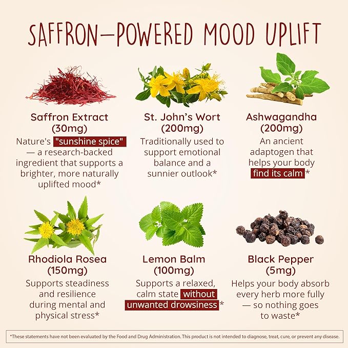 Joy-Filled with Saffron Mood Support Supplement — Daily Mood Support with 30mg Extract + Ashwagandha, Rhodiola, St. John's Wort, Lemon Balm | Saffron Supplements for Emotional Support, Vegan, 30 Ct