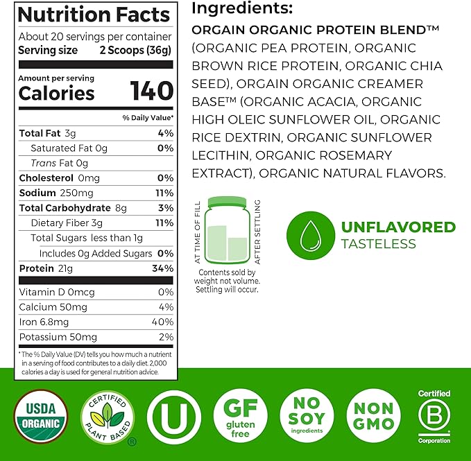Orgain Organic Vegan Protein Powder, Natural Unsweetened - 21g of Unflavored Plant Protein, 4g Prebiotic Fiber, Low Net Carbs, No Added Sugar, Non-GMO, For Shakes & Recipes, 1.59 lb