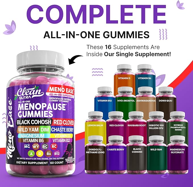 Menopause Supplement for Women Gummies with Black Cohosh, Wild Yam, DIM, Magnesium, Red Clover Chasteberry for Hormone Balance Relief Night Sweats Mood Plus Bergamot, Vitamin D3, Vitamin B6 B12