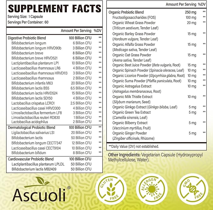 Ascuoli Probiotics for Women & Men - 300 Billion CFU, 24 Strains Probiotics + 15 Organic Herbs Blend, Daily Probiotic for Digestive Health, Immune, Gut, Bloating - 60 Capsule