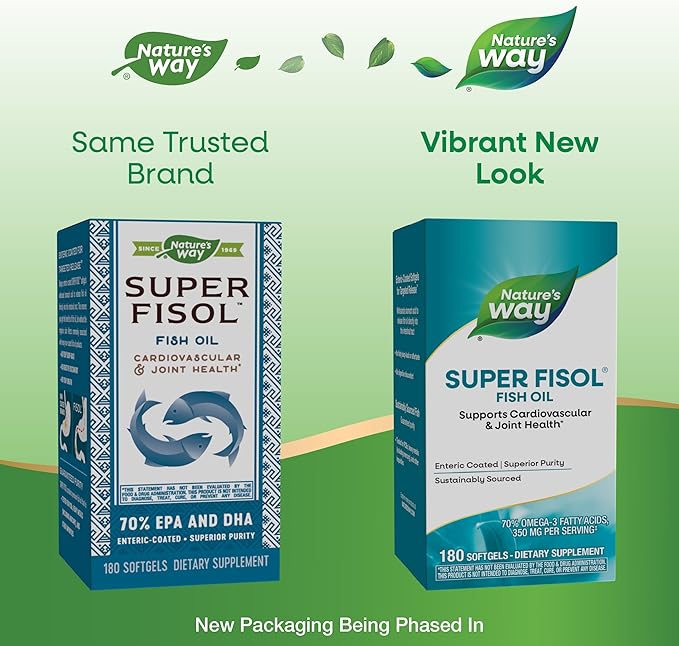 Nature's Way Super Fisol Fish Oil Omega 3 Supplements, Enteric Coated, Supports Cardiovascular and Joint Health*, Mega Potency Omega-3s, 180 Softgels (Packaging May Vary)