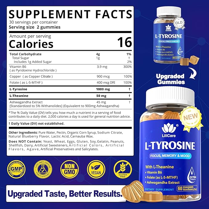 L Tyrosine Focus Supplement Gummies 1100mg for Adults, Brain Supplements for Memory and Focus, L-Tyrosine Gummies with Ashwagandha, I-Theanine for Calm & Mood - Vitamin B6 & B9 for Energy-Vegan, 60ct