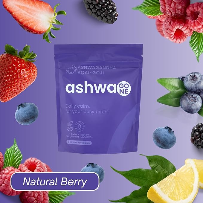 Ashwagone KSM-66 Ashwagandha Powder Drink Mix – Daily Calm & Focus Support – With Magnesium Glycinate, L-Theanine, GABA, Lemon Balm, Acai & Goji Berry – Vegan Supplement – 30 Servings