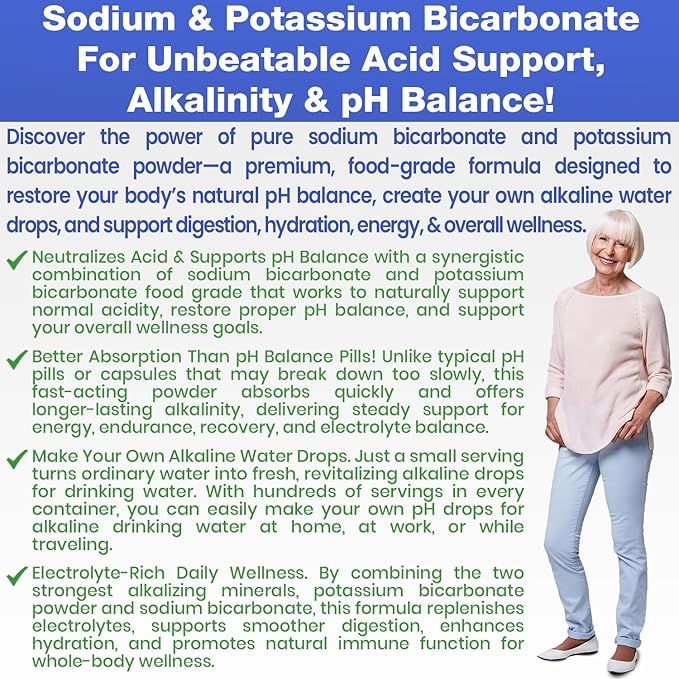 Sodium Bicarbonate Powder & Potassium Bicarbonate Powder pH Balance Supplement. Make Gallons of Alkaline Water Drops for Acid/Alkaline pH Balance, Stomach Immune Performance. Alkaline Drinking Water