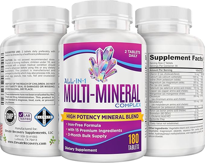 3-Month Multimineral Supplement 15-in-1 (Iron Free Formula) | Multi Minerals Complex | 90-Day Bulk Supply Multiminerals | 180 Tablets