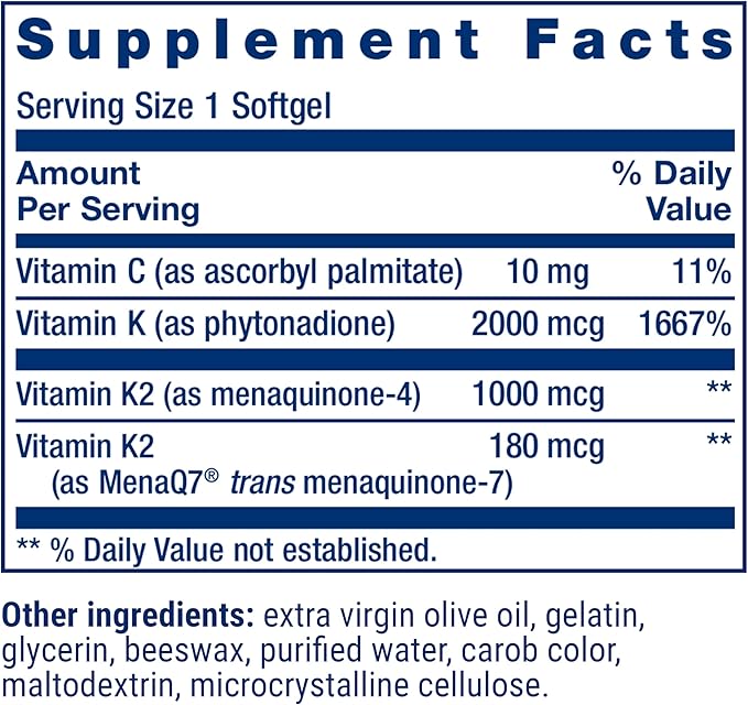 Life Extension Super K, Vitamin K Supplement, 2000 Mcg Vitamin K and 1180 Mcg Vitamin K2, Heart Health, Once-Daily, 90 Softgels