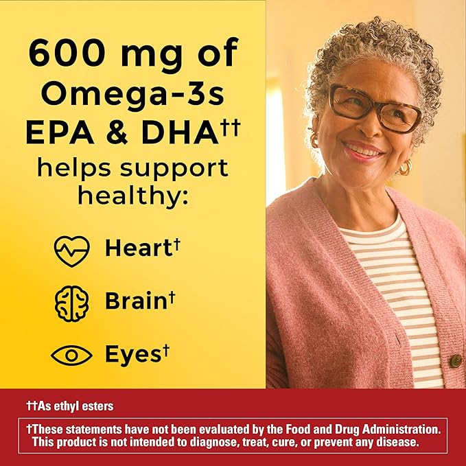 Nature Made Omega 3 Fish Oil and Algae Oil Supplements, 1200mg, Algae Oil & Fish Oil Blend, Omega 3 Supplement for Heart, Brain and Eyes Support, One Per Day, 60 Softgels