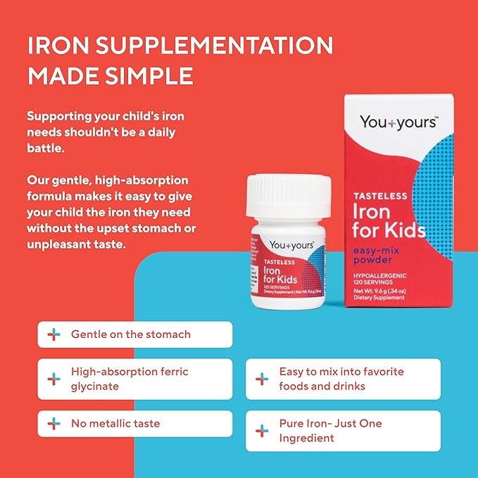Tasteless Iron for Kids + Toddlers- 4-Month Supply- No Sweeteners, Flavors or Preservatives. Add to Beverages or Food. Pure, Flavorless Children's Iron Supplement.