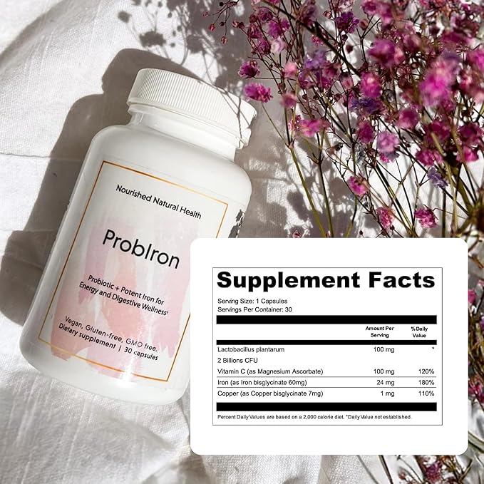 Nourished Natural Health ProbIron - Women's Probiotic + Iron Supplement Boosted with Vitamin C and Copper - Vegan Formula for Energy and Digestive Wellness - 90 Capsules