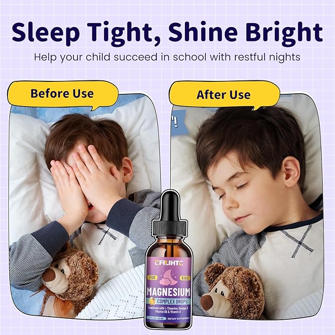 Kids Magnesium Liquid Drops-Magnesium Glycinate Liquid for Kids Supplement-w/L-theanine, Omega-3, Vitamin B6, D3 - for Sleep, Relaxation, Brain, Bones - Mango Flavor, 2 Fl Oz