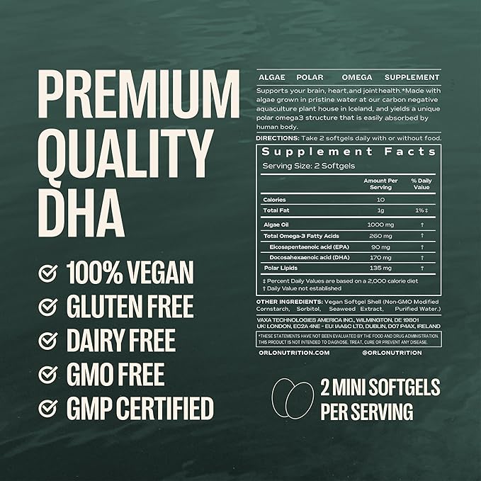 Orlo DHA Supplement 1000mg - 3X Absorption Natural Icelandic Nordic Omega 3 DHA & EPA for Brain & Eye Support – Vegan Fish Oil Alternative, No Fishy Aftertaste, 60 Easy-to-Swallow Mini Softgels
