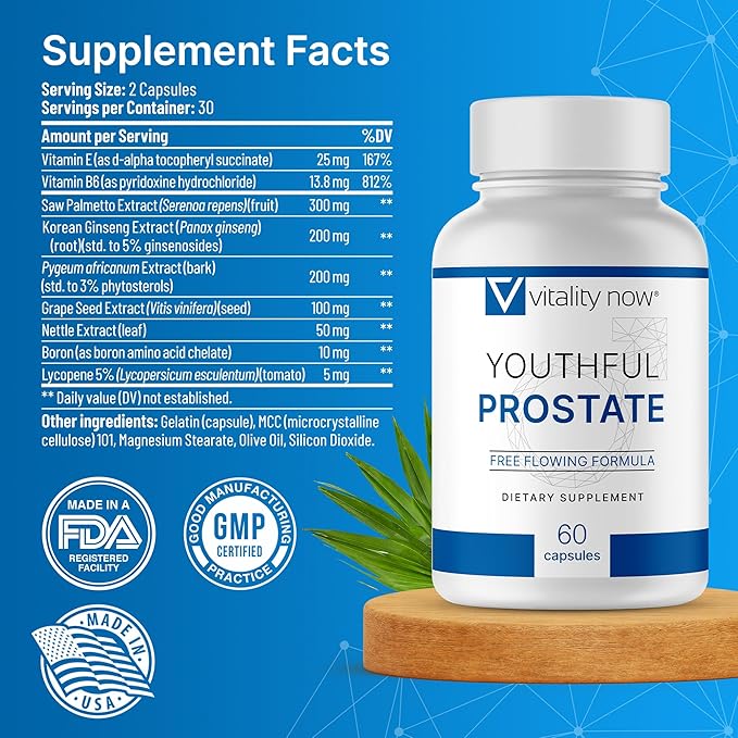 Youthful Prostate - Saw Palmetto for Men with Panax Ginseng, Antioxidant Protection, Vitamin E, Lycopene - Prostate Supplements for Men