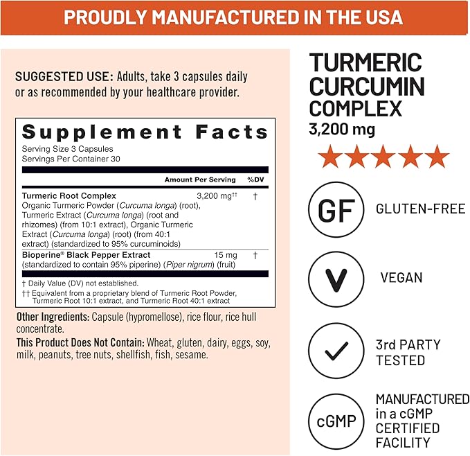 NatureWise Turmeric Curcumin Complex 3200 mg with BioPerine for Absorption - Turmeric Curcumin Supplement for Antioxidant Support - Non-GMO, Vegan, USA Manufactured - 90 Capsules[30-Day Supply]