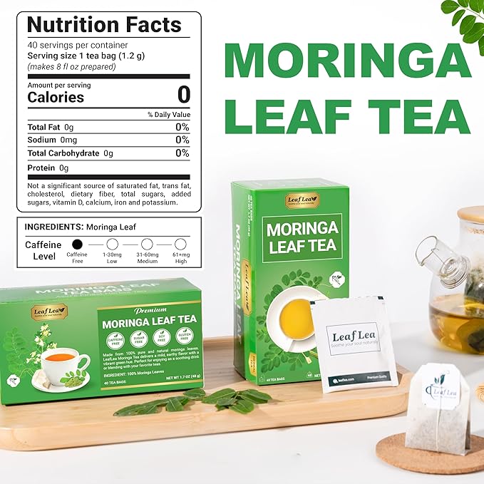 LeafLea 40 Moringa Tea Bags, 100% Natural and Pure Moringa Leaf Herbal Tea, Supports Digestion and Immune Health, Caffeine-Free, Sugar-Free, Vegan, Individually Wrapped for Freshness