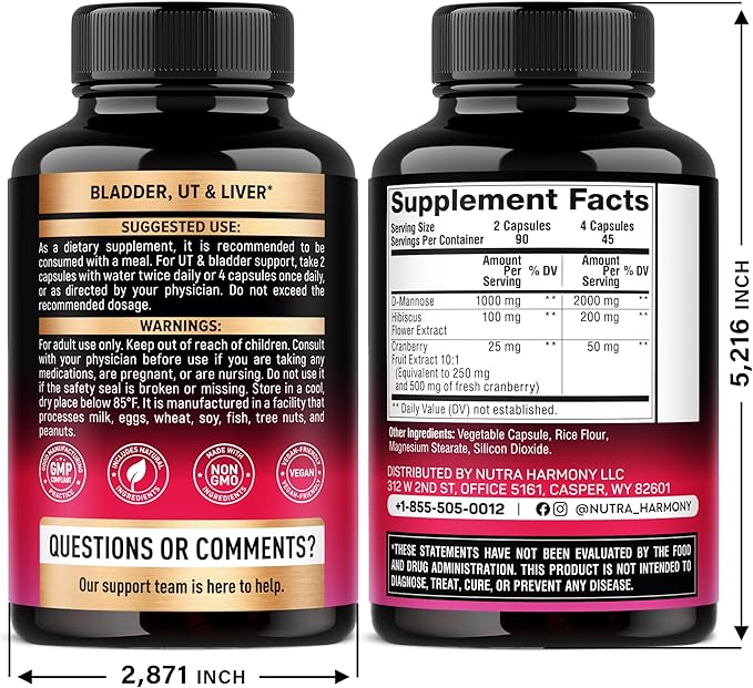 NUTRAHARMONY D-Mannose 2000mg with Cranberry & Hibiscus - Clinically Tested Strength for Urinary Tract Health - Supplement for Women - Bladder, Liver & Microflora Support - Vegan, 180 Capsules