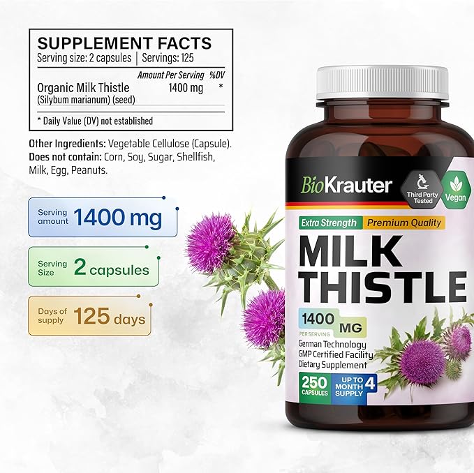 BIO KRAUTER® Milk Thistle Supplement for Liver Cleanse & Detox - Pure Vegan Milk Thistle Extract 1400 mg per Serving Сontains Silymarin - 250 Capsules, 125 Days of Supply, Non-GMO