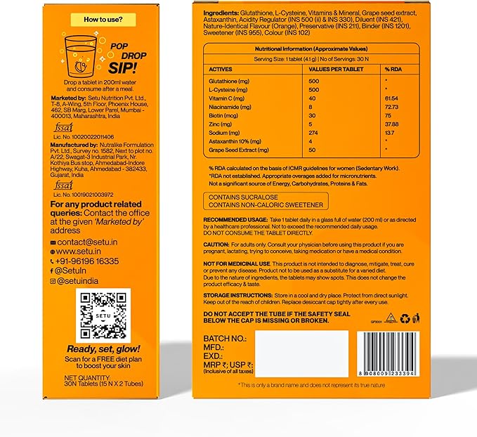 SETU Glutathione Effervescent Tablets with 500mg L-Glutathione & Vitamin C | Sugar-Free Antioxidant Supplement | Orange (Pack of 6)