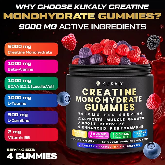 Creatine Monohydrate Gummies for Men & Women, Creatine Gummies Sugar Free, Mixed Flavored with L-Taurine, BCAA 2:1, B12 B6 for Boost Strength, Focus & Endurance, Vegan, Non-GMO, 60pcs