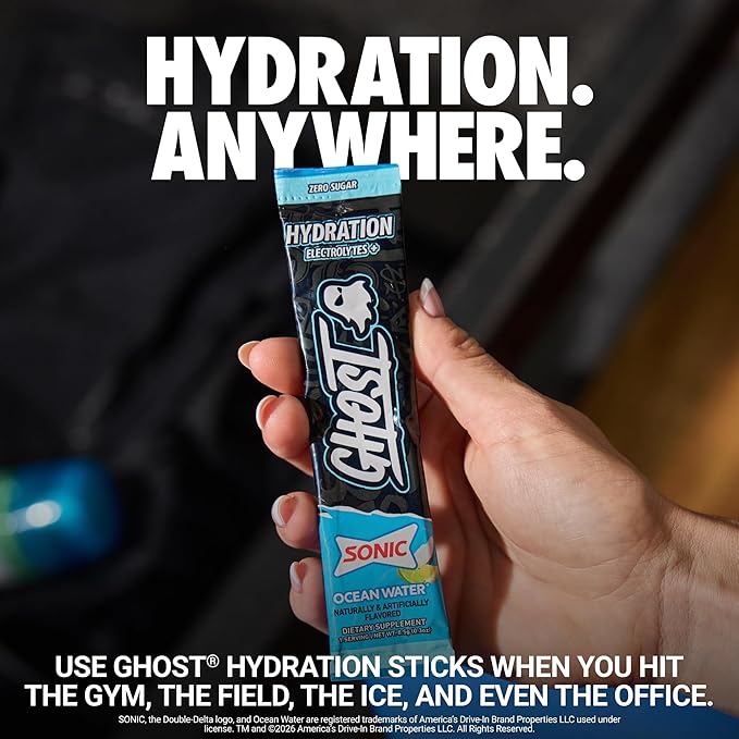 GHOST Hydration Sticks, Electrolyte Powder Packets, Sonic Ocean Water - 24 Sugar Free Instant Electrolyte Drink Mix - Caffeine-Free Daily Hydration & Immune Support with Clean Formula