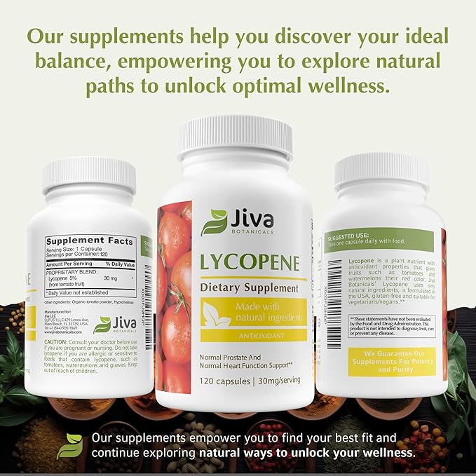 Jiva Botanicals - Lycopene Supplements for Men 30mg - Prostate Supplement for Men with Natural Tomato Extract - Prostate, Skin & Antioxidant Lycopene Supplement USA Made, Non GMO, Vegan, 120 Capsules