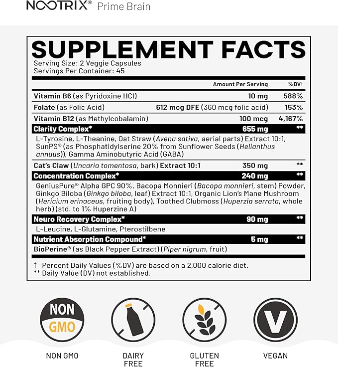 Nootrix Prime Brain Nootropic Supplement | Supports Memory, Mental Focus, Cognitive Health & Energy | Promotes Healthy Mood & Brain Function | Ginkgo Biloba, Lion's Mane & L Theanine | 90 Capsules