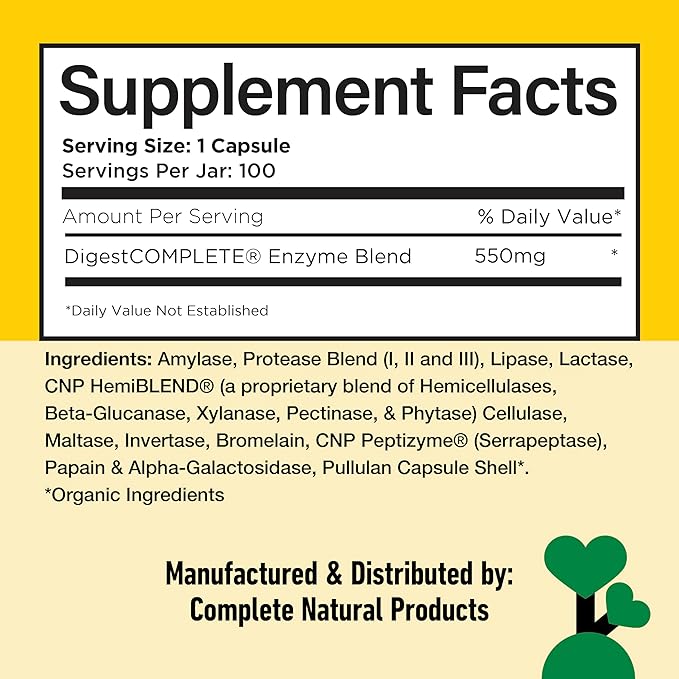 Complete Natural Products Digestive Enzyme Capsules, 550mg, 100ct | Plant-Based Formula, Organic Capsule Shell, Supports Digestive Balance & Nutrient Absorption