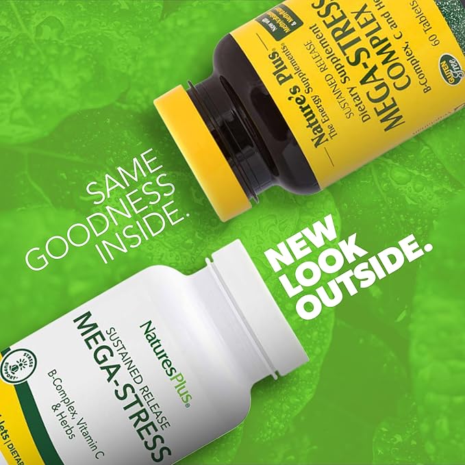 NaturesPlus Mega-Stress Complex - 60 Sustained Release Tablets - B Complex, Vitamin C Supplement with Chamomile & Herbs for Natural Calm - Gluten Free - 60 Servings