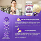 Iron Gummies - with Calcium, Zinc, Folate & Vitamin B12, C, B6 for Adults & Kids - Blood Builder & Energy Support for Iron Deficiency, Anemia, Vegan - Grape Flavour,60 Gummies