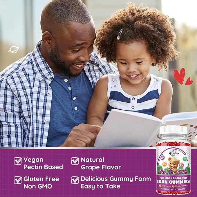 Iron Supplement Gummies for Kids - with Calcium, Zinc, Kids Multivitamin with Iron Gummies - Immune Support, Blood Builder & Energy Support for Iron Deficiency, Anemia, Vegan - 60 Count Grape Flavor