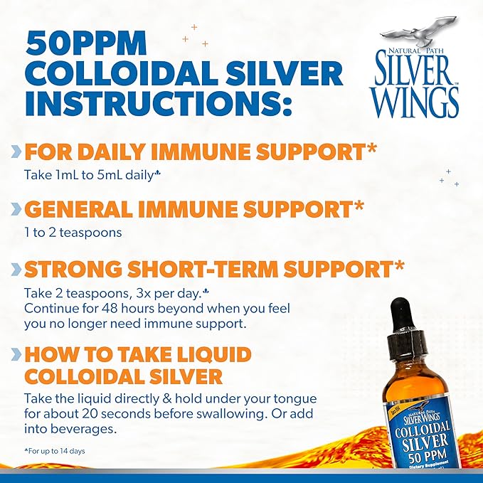Natural Path Silver Wings Colloidal Silver 50ppm (250mcg) Immune Support Supplement 2 fl. oz. Dropper