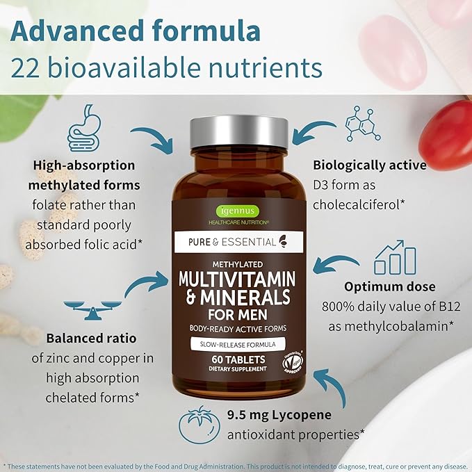 Igennus Methylated Men's Multivitamin with 22 Actives, Added Lycopene for Antioxidant Support, High Potency B12, Sustained Release, Pure & Clean, Non-GMO & Halal, 60 Tablets