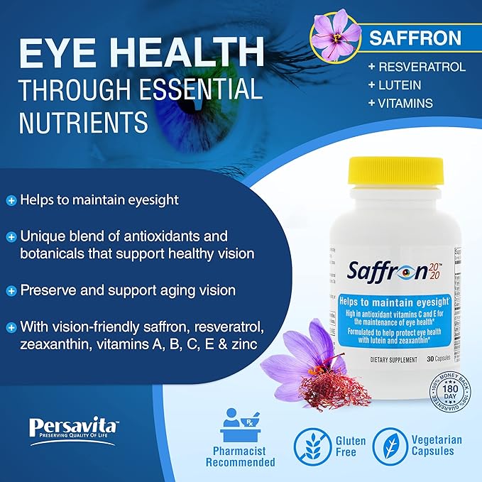 Saffron 2020 Supplement with Saffron, Resveratrol, Vitamins and Minerals, Zeaxanthin and Lutein -30 Vegetarian Capsules